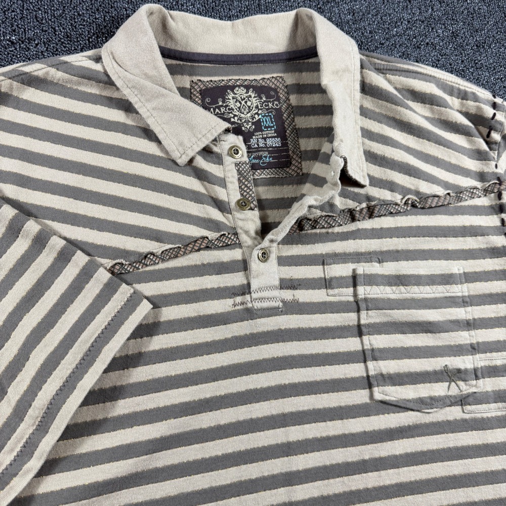 Marc Ecko Cut & Sew Mens XXL Striped Polo Shirt Brown Tan Y2K Tribal Embroidered